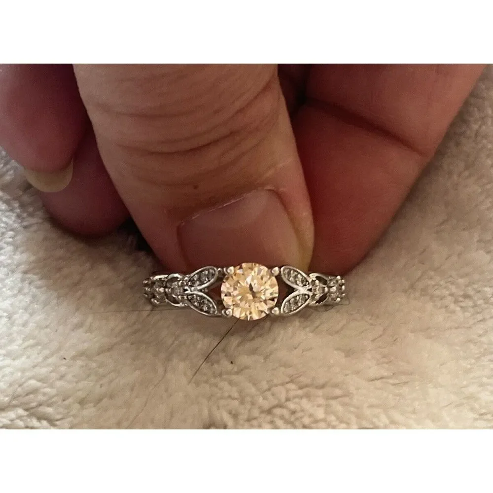 Orange Tint Round Cut Gemstone Silver Tone Ring - Sz 6 - Fashion Costume Jewelry - Picture 6 of 7